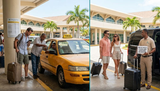 A comparative image with two scenes at an airport pickup area, showing travelers and taxis. The left panel shows interactions with a traditional yellow taxi, including a traveler checking his phone. The right panel features a private transfer service with a driver holding a sign and a couple with luggage by a black van.