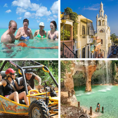 A collage of four tourist activities: swimming with a starfish, exploring a historic city, driving an off-road buggy, and visiting a natural pool with a waterfall.