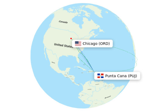 A globe map visualizing multiple flight paths and labels for Chicago (ORD) and Punta Cana (PUJ), featuring United States and Dominican Republic flags.