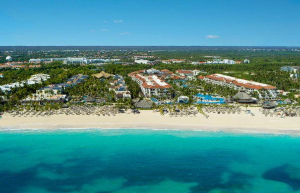 Aerial view of Dreams Punta Cana Resort & Spa, featuring white-sand beach and Caribbean Sea in the Dominican Republic