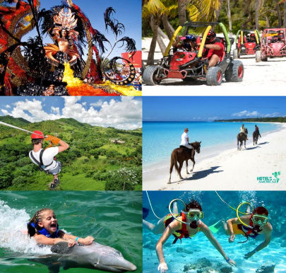 A multi-panel collage image showcasing various tourist experiences in a tropical destination, including a vibrant carnival, buggy rides, ziplining, beach horseback riding, swimming with a dolphin, and snorkeling.