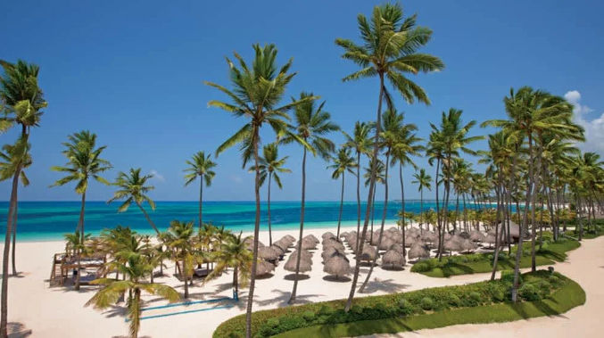 Aerial view of a tropical beach resort with palm trees and thatched-roof umbrellas.