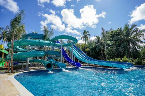 A vibrant tropical water park featuring multiple blue and turquoise water slides emptying into a large swimming pool, surrounded by palm trees under a bright sunny sky.