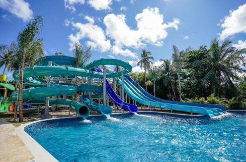 Outdoor water park with green and blue water slides leading into a pool, surrounded by palm trees under a sunny sky