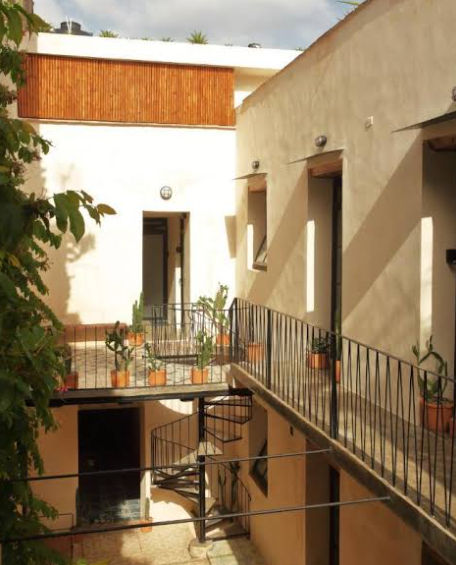 An architectural patio view seen through a rough stone archway, showing a turquoise reflection pool in the foreground with patterned steps on the left and a wooden platform. Beyond the pool, rows of tall columnar cacti and other lush green plants in terracotta pots are arranged on a white ledge. A tree trunk rises towards a metal pergola and dappled sunlight fills the courtyard with warm, natural light.