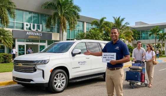 Private driver holding a welcome sign next to a white SUV for a Punta Cana airport transfer at PUJ arrivals