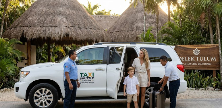 Familia llegando al hotel Delek Tulum en un servicio de traslado privado y seguro desde el aeropuerto operado por Taxi Shuttle Cancun