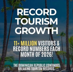 An image with text about record tourism growth in the Dominican Republic. Top text: 'RECORD TOURISM GROWTH'. Middle text: '11+ MILLION VISITORS & RECORD NUMBERS EACH MONTH OF 2026!'. Bottom text: 'THE DOMINICAN REPUBLIC CONTINUES BREAKING TOURISM RECORDS.' The background is a beach scene with palm trees.