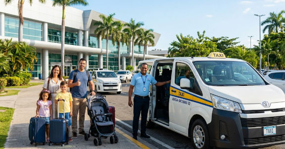 Happy family with luggage and a stroller ready for their private taxi transfer at Santo Domingo Airport