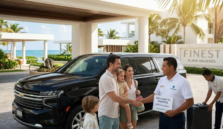 Private transportation by Taxi Shuttle Cancun arriving at Finest Playa Mujeres resort with a happy family