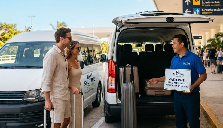 Private Taxi Shuttle Cancun driver welcoming passengers for Hilton Playa del Carmen transfer at Cancun Airport