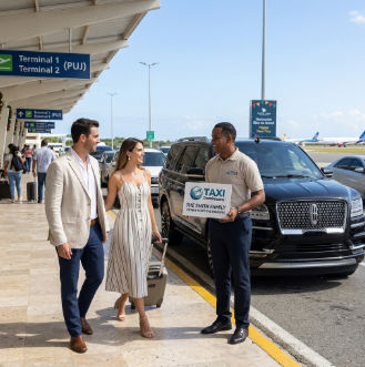 Couple greeting their private Taxi Dominicana driver at Punta Cana Airport terminal