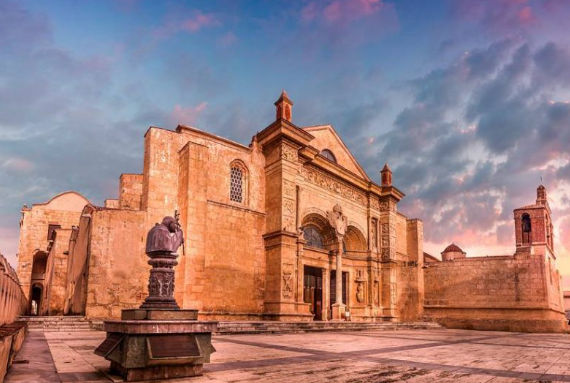 Historic First Cathedral of America in Santo Domingo at sunset