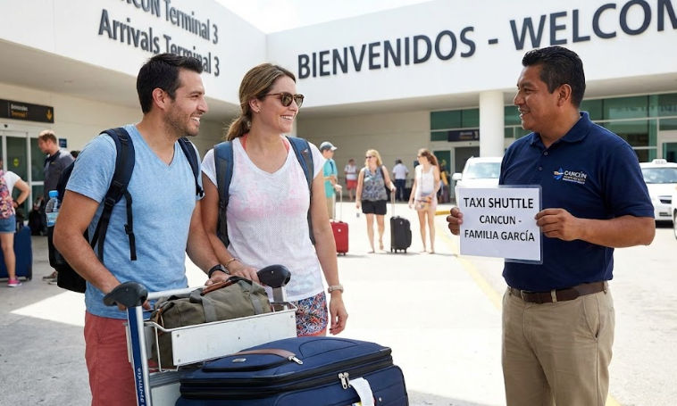 Professional driver meeting tourists for private transfer from Cancun Airport to Tulum