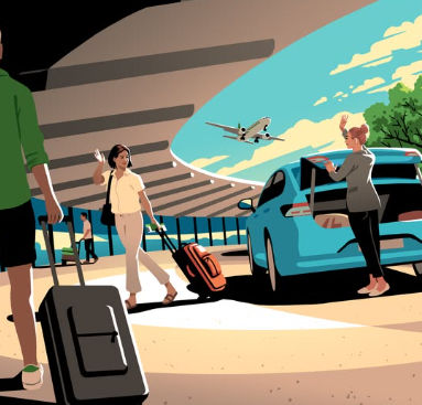 An illustrated scene at an airport where travelers with suitcases are walking towards a blue car and a driver is loading their luggage into the trunk.
