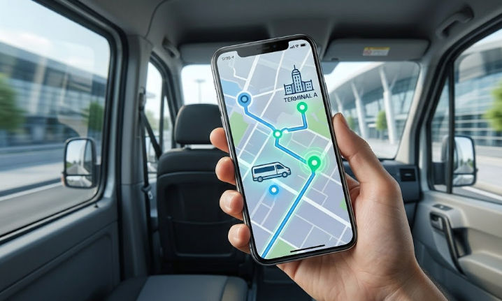 Airport shuttle with real-time GPS tracking at terminal