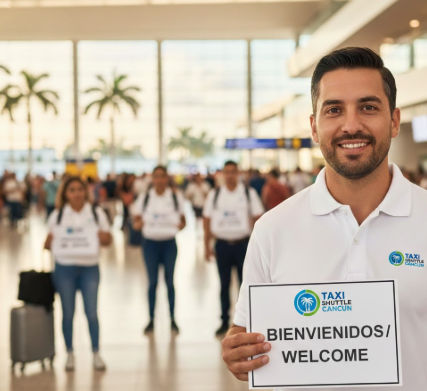 Conductor profesional de Taxi Shuttle Cancun con letrero de Bienvenidos/Welcome en Puerto Juárez