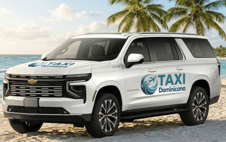 White Taxi Dominicana Chevrolet SUV parked on a tropical sandy beach with palm trees