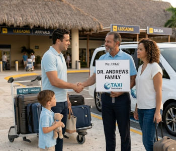 A friendly taxi driver holding a personalized 'Dr. Andrews Family' welcome sign greetings customers with a handshake outside Punta Cana airport arrivals terminal.