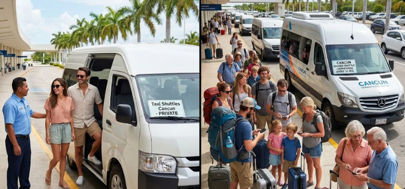 Shared Shuttle vs Private Cancun: 2026 Price Guide & Benefits Visual comparison: Shared Shuttle vs Private Transport Cancun Airport 2026 - Comfort & Time Differences