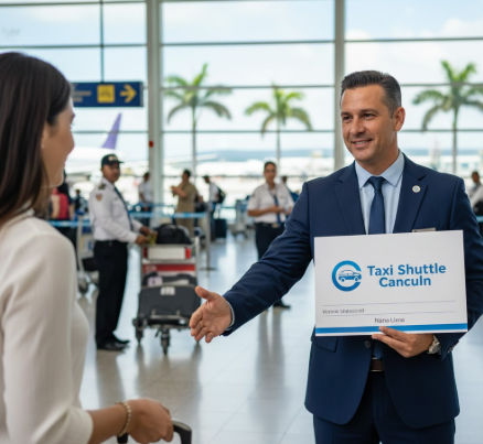 Professional driver from Taxi Shuttle Cancun greeting a passenger at the airport