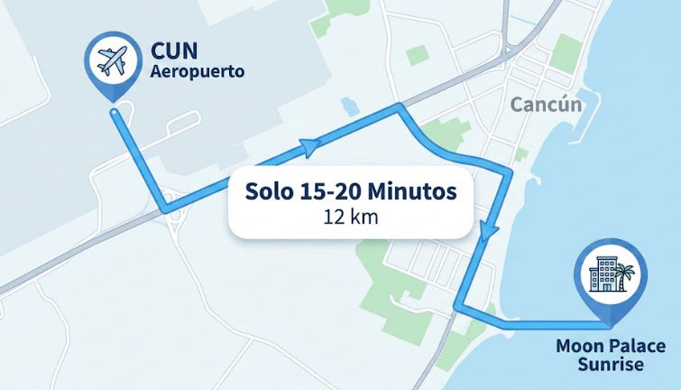 Route map showing travel time and distance from Cancun Airport to Moon Palace Sunrise Hotel