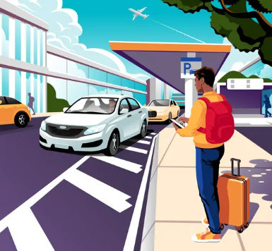 Traveler with luggage looking at his phone while waiting for an available taxi at the airport terminal