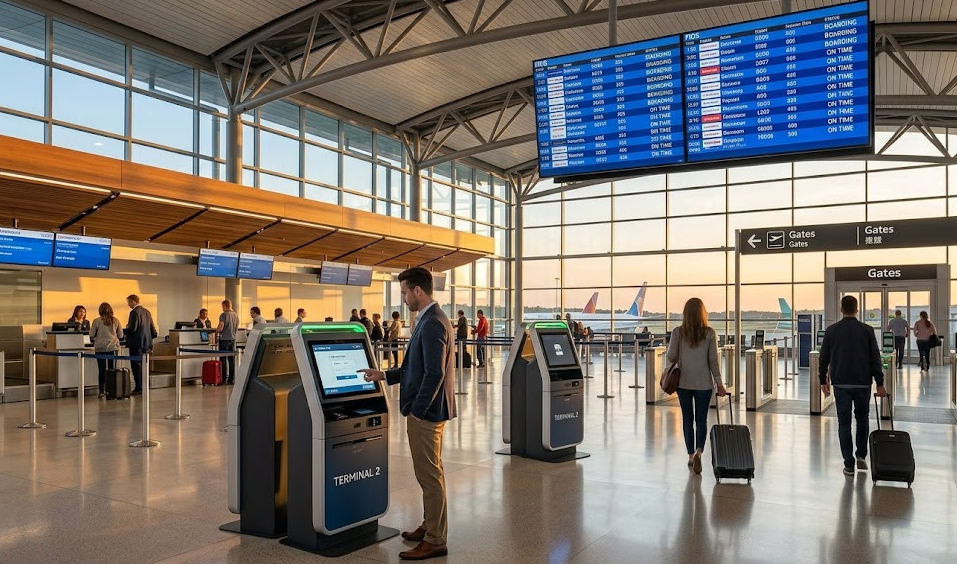 Terminal 2: Quioscos de check-in y pantallas de vuelos en aeropuerto moderno para pasajeros de vuelos internacionales