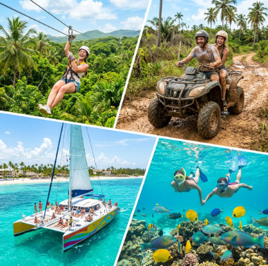 A photo collage of four outdoor adventure activities in Punta Cana: ziplining over jungle, ATV riding on a muddy trail, a catamaran sailing on turquoise water, and people snorkeling with colorful tropical fish.