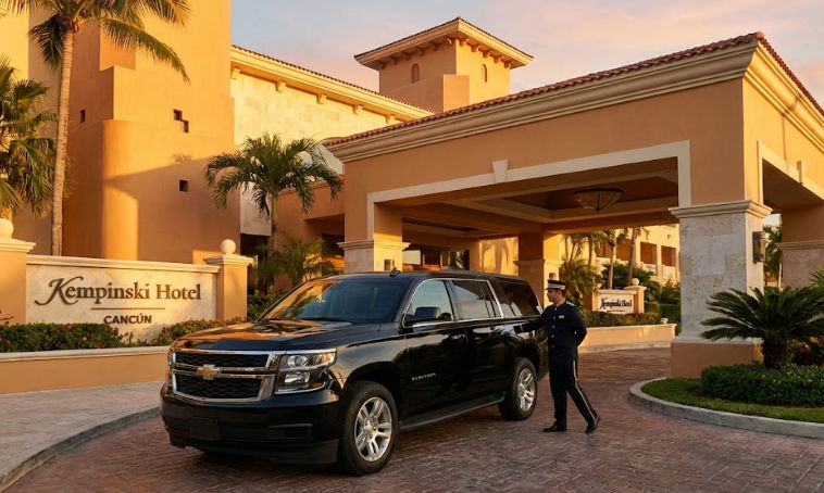 Llegada de transporte privado exclusivo en SUV al motor lobby del Hotel Kempinski Cancún
