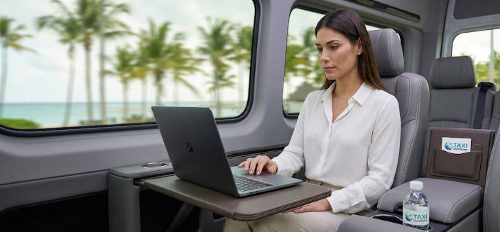 Una profesional trabajando en su laptop dentro de un vehículo de transporte corporativo de lujo con vistas a una playa tropical y palmeras