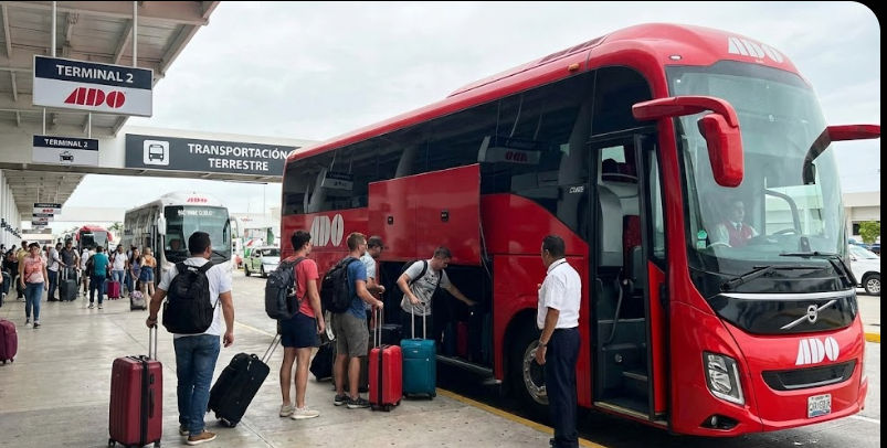 Red ADO bus at Cancun International Airport terminal for public transport to Tulum