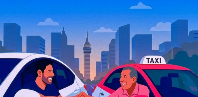 Illustration of two men shaking hands between a white car and a red taxi with a city skyline at dusk