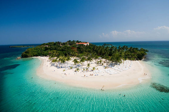Aerial view of a tropical island paradise beach with turquoise water