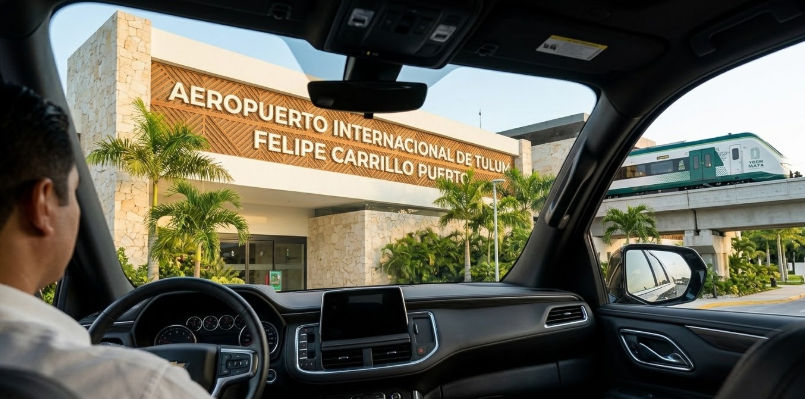 Transporte privado en Suburban hacia el Aeropuerto Internacional de Tulum Felipe Carrillo Puerto y conexión con Tren Maya