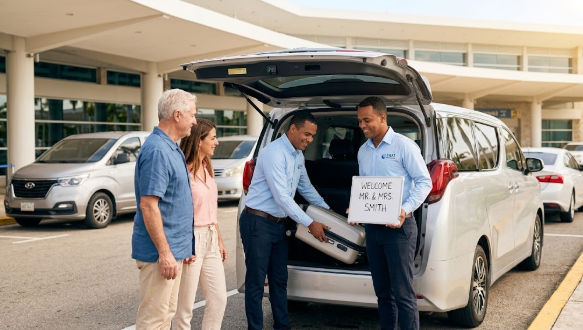 Airport chauffeur welcome with a welcome sign and luggage assistance for a couple in the Dominican Republic.