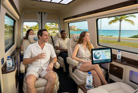 Passengers in a comfortable luxury van heading to Amber Cove Cruise Port.