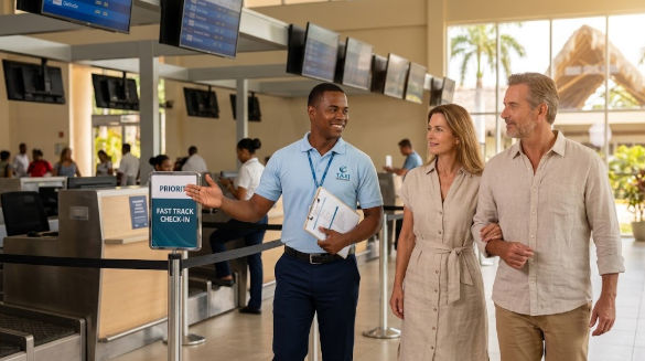Un agente de Taxi Dominican asiste a una pareja de turistas en el mostrador de facturación rápida del aeropuerto de Punta Cana.
