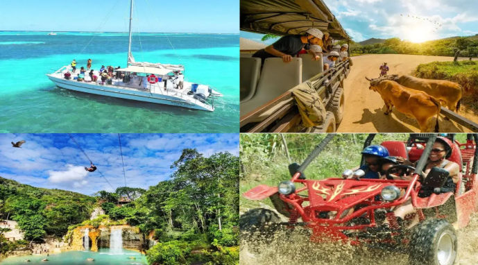 Collage of four popular Punta Cana excursions including a catamaran boat trip, a countryside safari tour, a jungle zipline over a waterfall, and a muddy dune buggy ride
