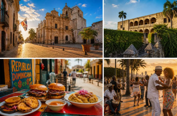 Collage of Santo Domingo featuring historic colonial architecture, traditional Dominican food, and locals dancing at sunset