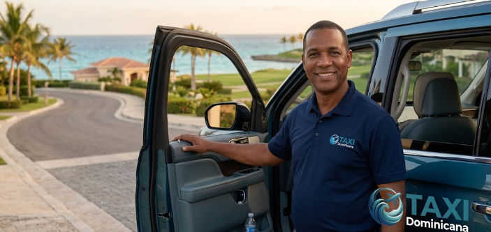 Smiling professional Taxi Dominicana chauffeur welcomes passengers next to a luxury SUV at a resort in La Romana.