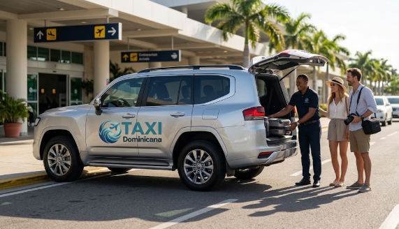 Taxi Dominicana driver loading luggage into a silver SUV for a couple at the airport terminal