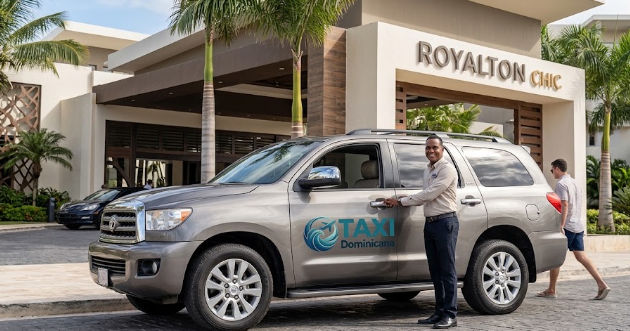 Private cab driver standing next to a Taxi Dominicana SUV at the entrance of Royalton Chic Punta Cana