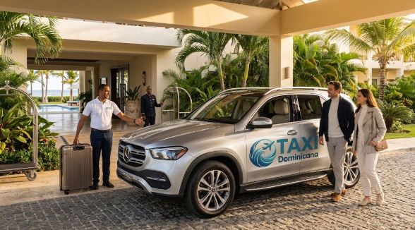 A silver Mercedes-Benz SUV with a prominent 'Taxi Dominicana' logo at a lush tropical resort entrance in the Dominican Republic, with a driver assisting smiling travelers and holding a suitcase.