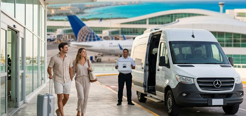 Cancun International Airport: Travelers arriving at the terminal to board a private transportation service to their hotel.