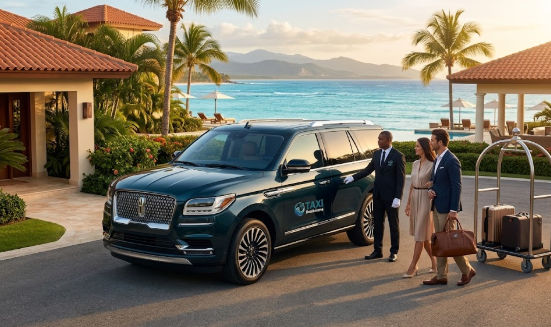 High-end private taxi SUV transportation service with a uniformed chauffeur for a couple arriving at a beachfront luxury resort in Cap Cana.