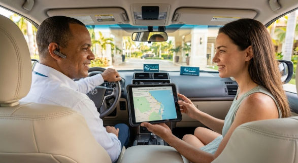 Chofer bilingüe en Punta Cana interactuando con pasajera sobre un mapa en una tableta.