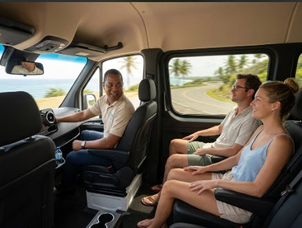 Chofer dominicano bilingüe y pasajeros en van turística mirando paisaje caribeño.