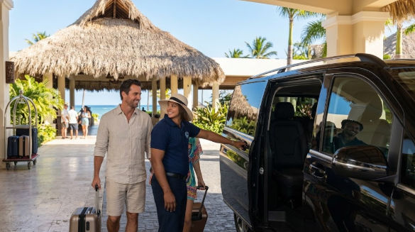 Furgoneta de lujo para transporte privado conduciendo por una carretera costera pintoresca en Punta Cana. El fondo muestra palmeras, una playa caribeña de arena blanca y villas de estilo tropical, con un gran gráfico semi-transparente de una ola y un avión en el cielo y un avión real volando al fondo.