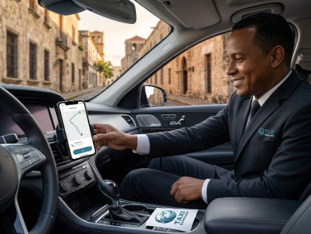 Un conductor sonriente de Taxi Dominicana interactúa con una aplicación de mapa en su smartphone en un coche de lujo en la Zona Colonial